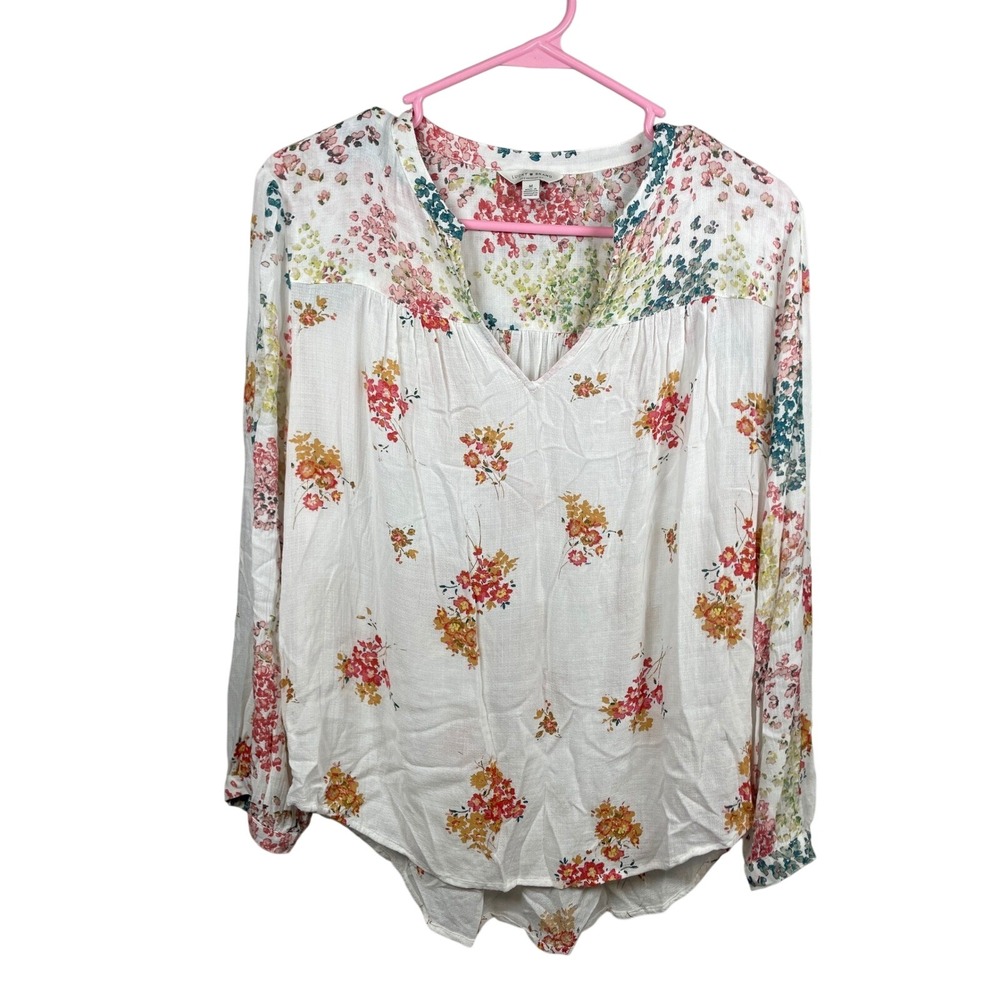 Lucky Brand Blouse Women's‎ Medium White Floral V-Neck Long Sleeve Top Boho